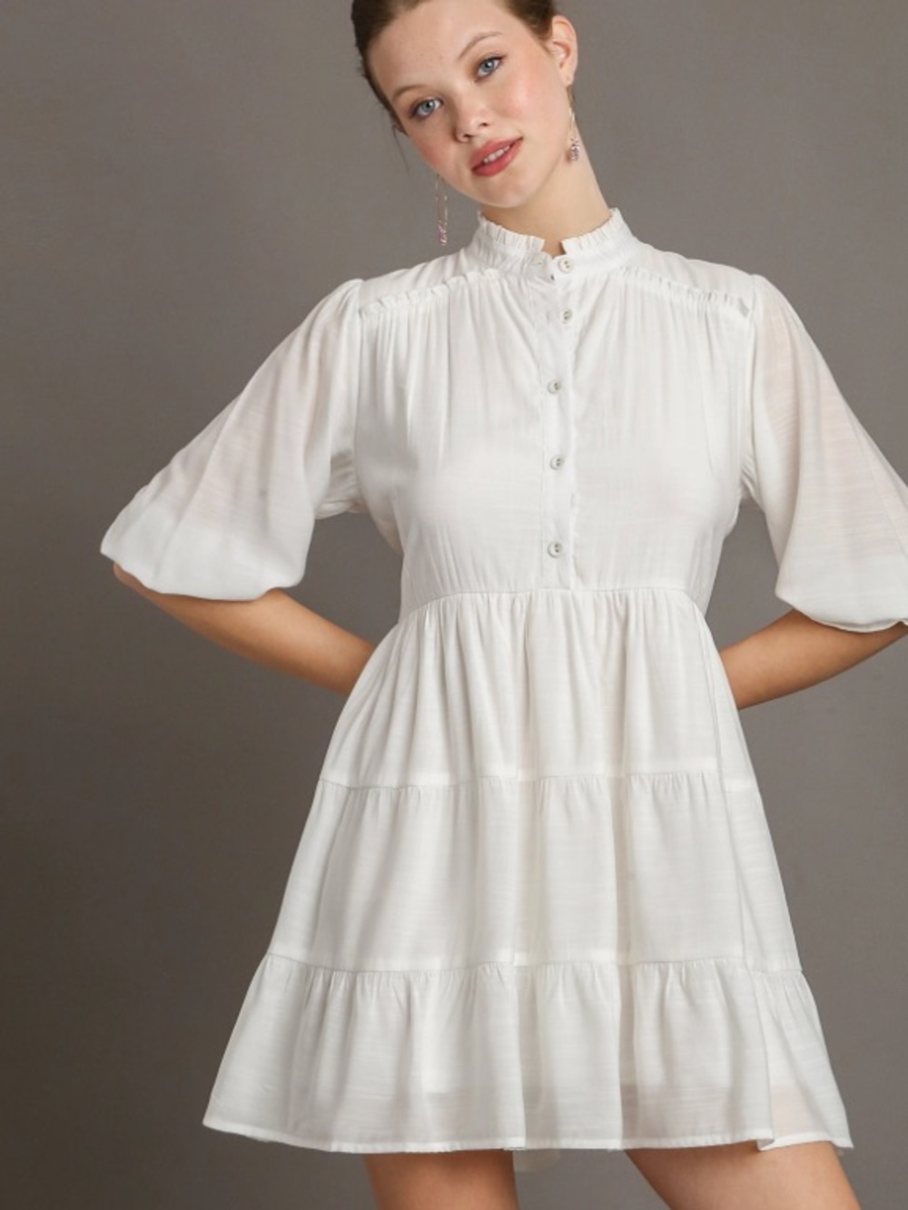 Umgee Off-White Tiered Babydoll Mini Dress Ruffle Neck | Boho Cottagecore | NWT